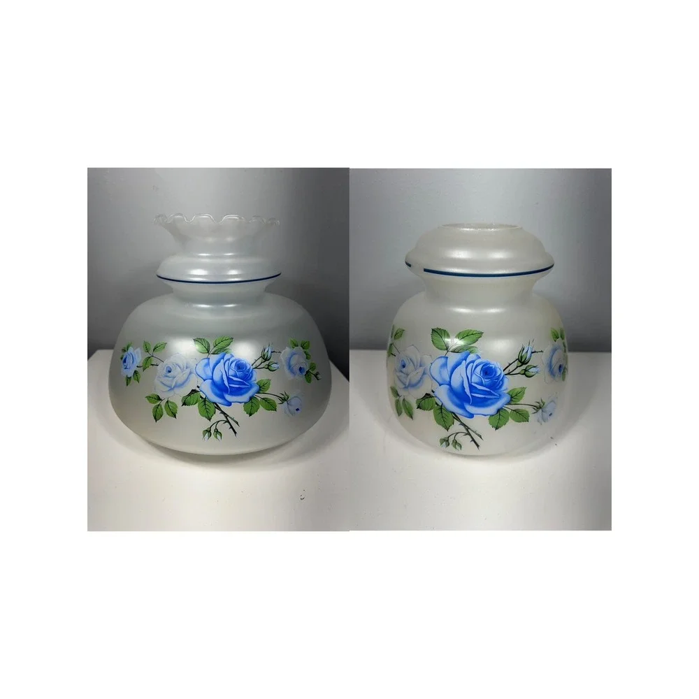 2 Piece Pair Hurricane Lamp Shades Dome Blue Rose Aladdin Oil Electric